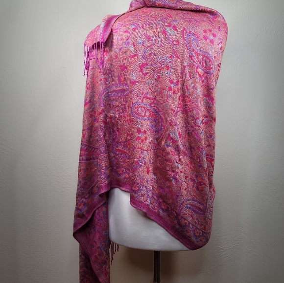 Bohemian Cashmere mix Wide Shoulder Shawl Paisley Flower hotpink/multico… - Picture 4 of 14